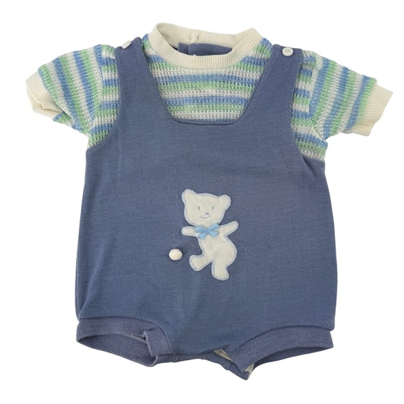 Baby Bliss Other - Vintage Baby Bliss Blue‎ Knit Teddy Bear Romper Striped Short Sleeve Medium